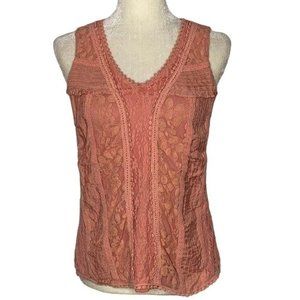 DownEast Basics Romantic Lace Tank Top M Pink Peach V Neck Stretch Sleeveless